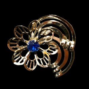 Brooch Pin Women's Vintage Jewelry Silver Tone Setting Faux Sapphire Flower